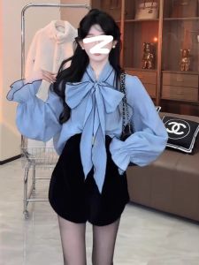 Elegant Vintage Plus Size Womens Shirt with Stand Collar and Butterfly Knot Long Sleeves Stylish Inner Wear for Loose Fit Clothing