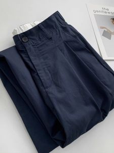 Quần Ống Rộng Ống Đứng Cạp Cao Thường Ngày Cho Nữ Mùa Xuân Thu Quần Ống Rộng Cỡ Nhỏ Cạp Chun Màu Xanh Lam