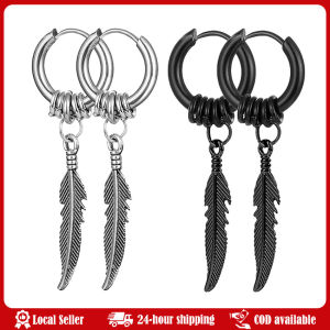 1PC Punk Vintage Design Leaf Hoop Earrings For Women Men Jewelry Accessories Black Stainless Feather Earring Brincos Fashion Cross feather Stud Earrings Punk Rock Style For Women men High Quality Stainless steel Hiphop Ear Jewelry