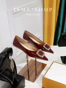 Comfortable Flat Heel Metal Buckle Plain Color Painted Leather Sharp Pointed Toe Casual Fashion Single Shoes for Women