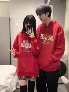 Couple Hoodies Autumn Winter Fleece Lined Red Special Feelings Matching Sweatshirts Korean Style round Neck Long Sleeve