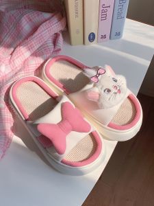 Disney Mary Cat Sweet Cute Linen Slippers Women Indoor Anti-Slip Four Seasons Universal Absorbent Cotton Linen Home Slippers