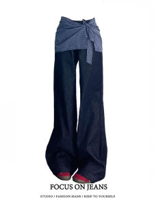 กางเกงยีนส์ทรงหลวมเอวสูงสีน้ำเงินเข้มสำหรับผู้หญิง กางเกงขายาวทรงหลวม ทรงลำลอง ปิดซิป ช่วงฤดูใบไม้ผลิและฤดูร้อน