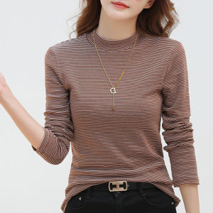Pure Cotton Half Turtleneck Bottoming Shirt Womens Fall and Winter Stickers Silm Tops Heattech Western Style Inner Wear Middle Collar Stripes T-shirt Long Sleeve