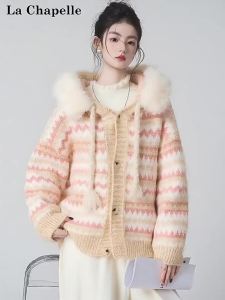 La Chapelle | Lanigan Stripe Fur Collar Hooded Womens Knit Cardigan