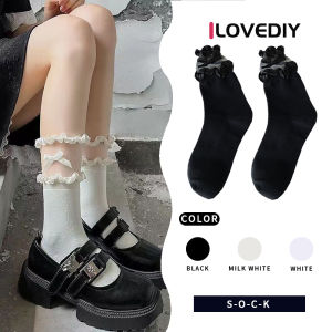 ILOVEDIY ถุงเท้าสไตล์เกาหลีฤดูใบไม้ร่วงโบว์สีดำ Jk อเนกประสงค์ถุงเท้าครึ่งน่องสไตล์บางลูกไม้