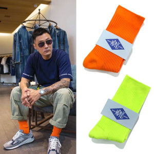 Sale4u Yuminlu Cotton Socks Mid-Calf Ins Couples Autumn Winter Pure Color Fluorescent Green Orange Trendy Ladies Cotton Socks