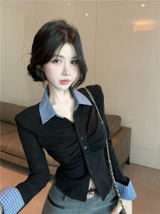 GUZILIAN | Fashionable Retro Plaid Splicing Turn-down Collar Long Sleeve Knitted Sweater College Style Pleated Fake Two-piece Top Women Autumn Winter