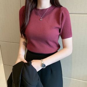 Womens Summer Korean Style Round Neck Short Sleeve Blouse Tops