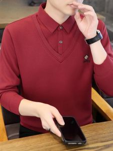 HENGYUANXIANG | Hengyuanxiang Mens Knitted Sweater Fleece Lined Thickened Shirt Collar Red Fake Two-Piece Winter Fashion Casual Polyester Blend