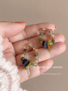 Tianqing Color Rain New Chinese Retro Natural Stone String Bead Mosquito Coil Tray Womens Ear Clips Ethnic Ear Studs Earrings