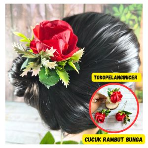 Tusuk Rambut Bunga Mawar Merah-Tusuk Hiasan Rambut Bunga -Tusuk Sanggul Cucuk Konde Mewah Clips Sirkam