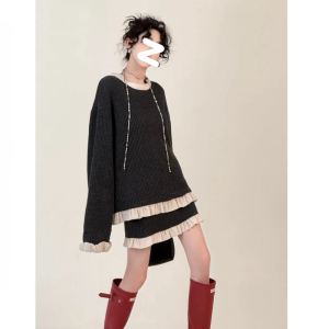 Fashionable Knitted Half Skirt Set for plus Size Women Casual Style Loose Fit Autumn Collection Cotton Fabric round Neckline