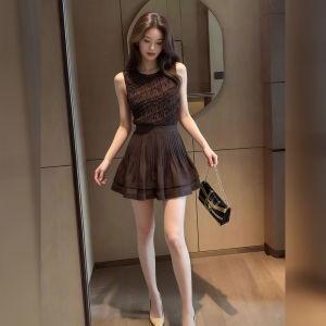 DANTING | Sleeveless Coffee Brown Top with Pleated Mini Skirt Set