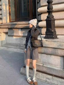 South Korea New Gray Woolen Suit Shorts Womens Autumn High Waist Slim Looking All-Matching Loose Casual Wide Leg Shorts Shorts