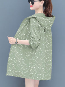 Womens Casual Mid-Length Summer New Style Thin Outerwear Large Size Loose Polka Dot Print Long Sleeve Sun Protection Coat