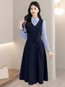 Elegant Fashion Splice Fake Two-Piece Set Spring New Slimming Professional Womens Dress High Waist A-Line Skirt Polyester Fiber Long Sleeve