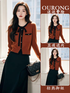 Chic Red Korean Style Sweater Set New Years Robe Elegant Minimalist High Waist A-Line Skirt Winter Fashion Womens Dress