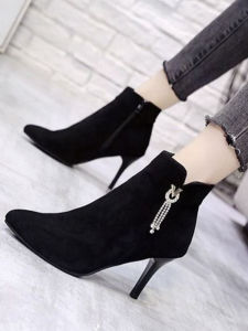 Giày bốt ngắn nữ phong cách Hàn Quốc thời trang có gót cao và mũi nhọn mùa đông Chất liệu da lộn được trang trí bằng kim cương giả