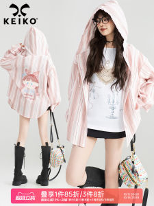 KEIKO Casual Loose Womens Hooded Striped Shirt Pink Outing Loose Feel Outerwear Top Comfortable Cotton Long Sleeve Shirt