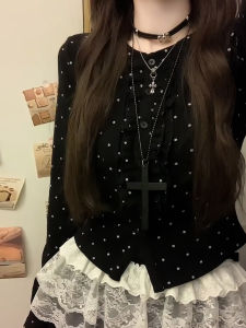 Black Polka Dot Knitted Open Cardigan Womens Loose Style Korean Fashion Slimming Top New Autumn Collection Elegant Design