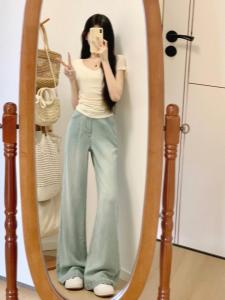 Retro Light Wash High เอว ขาตรง Drapey เดนิม กางเกงยีนส์ ผู้หญิง ฤดูร้อน ใหม่ หลวม พรางหุ่น ขากว้าง กางเกงขายาว