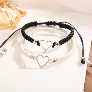 2pcs/set Heart-shaped Couple Bracelet Set for Lover Hollow Heart Bangles Adjustable Best Friends Accessories Jewelry