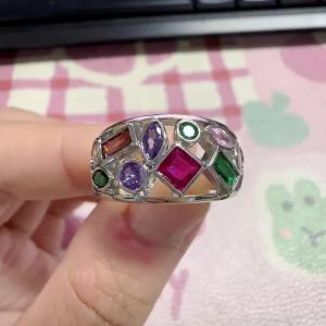Huitan Colorful Women Ring Silver Color Inlaid Multiple Colors Geometric CZ Special Design Party Chic Accessories Hiphop Jewelry