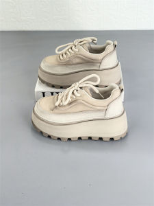 Retro Thick Bottom Platform Shoes Womens Spring 2025 Casual Sporty Leather Slip-On round Toe High Heel Deep Mouth Polyurethane