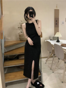 French Style Black Knitted Vest Dress Womens Spring Summer Slim Fit Casual Tea Break Sleeveless Slit Wrap around Skirt