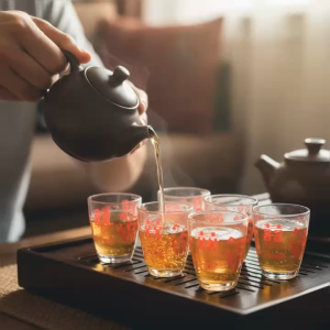 Hộp 12 Ly Thủy Tinh Shot Glass Họa Tiết Song Hỷ Đỏ – Ly Cúng Rượu Trà 70ml Cao Cấp