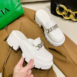 Womens Loafers Slippers Half Slip-On Shoes Vintage Big Head Mules Spring Summer Outdoor Wear PU Leather High Heel Rubber Sole