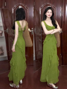 CHANGTONG | Vacation Style Green Floral Strapless Dress