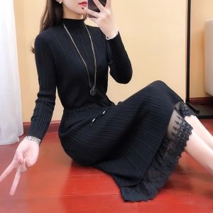 Long Knitted Dress Half High Collar Base Layer Sweater Knee-Length Overweight Conceal Slimming Winter Fashion Korean Style