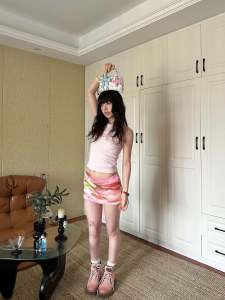 American Retro Spice เด็กผู้หญิง พิมพ์สีสัน ทรงเอ Mini กระโปรง Women Universal พรางหุ่น ต่ํา เอว เซ็กซี่ อารมณ์ เดรสรัดรูป กระโปรงสั้น