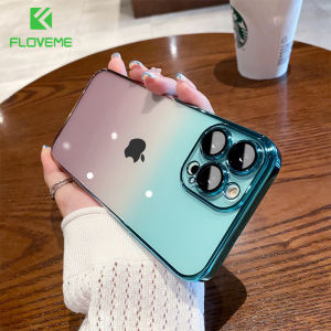FLOVEME Luxury Plating Gradient Transparent Phone Case For iPhone 14 13 12 Pro Max 14 Plus With Lens Film Protector Clear PC Hard Shockproof Back Cover For iphone 14 13 12