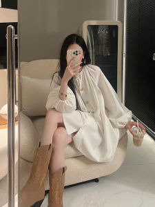 Button Artist Lantern Sleeve Shirt Dress Women Loose Slimming Skirt Cotton Rayon Casual Spring Autumn New Arrival