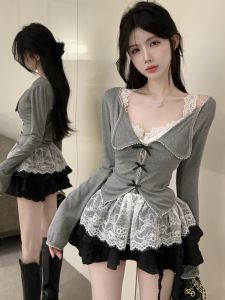 GUZILIAN | Pure Desire Grey Design Butterfly Knot Hollow Lace Womens Long Sleeve Open Cardigan Top Strap Vest Set Korean Style Commute
