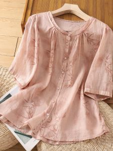 High-End Chinese Style Bamboo Leaf Print Linen Shirt Young Style Half Sleeve Womens Summer Casual Loose Fit Button up Top