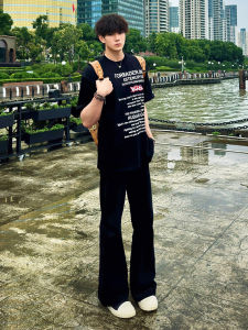 กางเกงขายาวทรงตรงผ้าไหมน้ำแข็งสีดำสำหรับผู้ชาย ทรงบาง ทรงยาว ทรงสลิมฟิต กางเกงขายาวทรงลำลองสำหรับฤดูร้อน