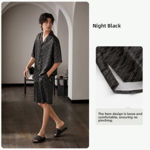 yuenei | Ice Silk Mens Summer Sleepwear Short Sleeve Home Clothes Cardigan Style Casual Comfortable Breathable Soft Polyester Fabric
