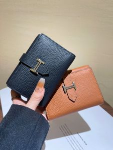Genuine Leather Short Wallet for Women H-Shaped Bifold with Multiple Card Slots in Various Colors with Lychee Fragrance