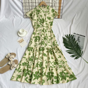 Vacation Style Versatile V-Neck Print Puff Sleeve Waist Cinching Slimming Pleated Mid-Length Womens Dress Fashionable All-Weather