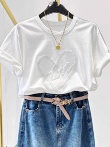 Brother New 2025 Summer Casual Versatile Shiny Sequin Embroidery Heart Short Sleeve Cotton round Neck T-Shirt Womens Top