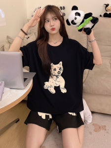 Womens Pajamas 2024 New Arrival Summer Cotton Short Sleeve with Chest Pad Two-piece Set Cartoon Cute Loungewear Can Be Outwear