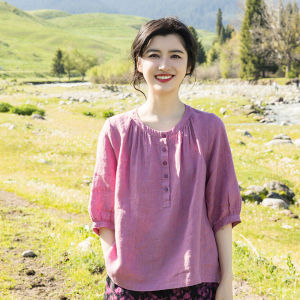 Artistic Linen Shirt Loose Fit Travel Wear Womens Top Breathable Half Open Button round Neck Five Sleeve Summer Fashion