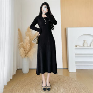 Retro Korean V-neck Knitted Long Dress Womens Autumn Winter Midi Slimming Skirt High Waist Long Sleeve A-line Commute Style