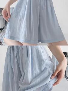 Blue Ice Silk High Waist Short Pants Womens Summer Thin New Loose Feeling Slimming Mountain Five Wide Leg Pants Commute Style