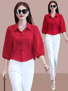 New Chinese Style Loose Fit Ladies Shirt Seven Sleeve Cover Belly Slimming Top Spring Summer New Age Reduction Fashion