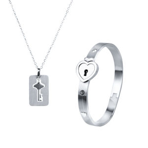 2Pcs/set 925 Silver Concentric Lock Key Couple Necklace Bracelet Women Men Titanium Steel Pendants Jewellery